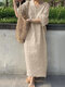 Einfarbiges, lockeres Vintage-Kleid mit V-Ausschnitt und 3/4-Ärmeln - Aprikose