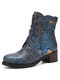 Socofy Genuine Leather Retro Floral Side Zipper Comfortable Heeled Boots - Blue
