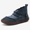 Women Retro Suede Patchwork Strappy V Shape Zipper Flat Ankle Boots - Blue
