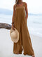 Women Solid Cotton Wide Leg Loose Jumpsuit With Pocket - Brown