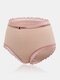Plus Size Women Cotton Contrast Lace Trim Chevron High Waist Panties - Apricot