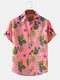 Mens Leaf & Floral Print Light Casual Holiday Short Sleeve Shirts - Pink