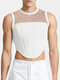 Camiseta sin mangas con dobladillo curvo elástico y patchwork de malla para hombre - Blanco