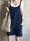 Solid Knotted Pocket Sleeveless Casual Cotton Romper - Navy