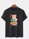 Mens Japanese Noodle Cat Print 100% Cotton Casual Short Sleeve T-Shirts - Black