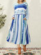 Striped Print O-neck Long Sleeve Plus Size Dress with Pockets - Blue