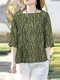 Women Plant Leaf Print Square Collar Side Split Hem Blouse - Green