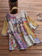 Half Sleeve Ethnic Floral Print Vintage Blouse For Women - Yellow