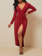 Solid Color Long Sleeve V-neck Patchwork Asymmetrical Dress - Red