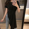 Button Design Side Slit Wide Loose Long Personality T-shirt 61559 - Black