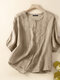 Women Lace Trim Plain Button Up Cotton 3/4 Sleeve Shirt - Khaki