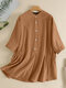 Solid Loose Button Front Stand Collar Half Sleeve Blouse - Orange