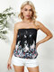 Floral Printed Sleeveless Strapless Pleated Tank Top - Black