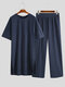 Lightweight Plain Cozy Loose Linen Loungewear Set O Neck Breathable Home Co-ords for Men - Navy
