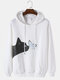 Mens Cotton Cat Butterfly Printed Casual Drawstring Hoodies With Kangaroo Pocket - White