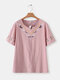 Embroidery V-neck Short Sleeve Vintage T-shirt For Women - Pink