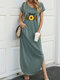 Flower Leopard Letter Print Splited Short Sleeve Maxi Dress For Women - Green
