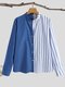 Stripe Print Stitch Button Stand Collar Long Sleeve Blouse - Blue