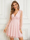 Floral Pattern Mesh Stitch Long Sleeve V-neck Dress - Pink
