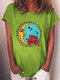 Flower Moon Print Short Sleeve Casual T-shirt For Women - Green
