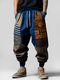 Pantalon ample à motif géométrique vintage pour hommes, patchwork à la taille avec cordon de serrage - bleu