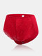 Plus Size Women Floral Lace Breathable Cozy Mid Waist Panties - Red