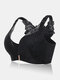 Plus Size Wireless Rose Embroidery Back Front Closure Lace Thin Gather Comfy Bras - Black