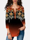 Ethnic Pattern Print Button Casual T-Shirt For Women - Orange