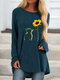 Cartoon Cat Sunflower Print Long Sleeve Plus Size T-shirt - Navy