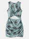 Leaves Print Women O-neck Sleeveless Hollow Sexy Dress - Gray