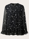 Plus Size Star Print Knotted Ruffle Sleeve Casual Blouse - Black