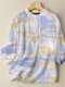 Tie Dye Stand Collar 3/4 Sleeve Button Blouse - Blue