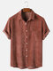 Mens Corduroy Solid Color Breathable Casual Short Sleeve Shirts - Red