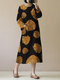 Casual Print O-neck Long Sleeves Split Hem Dress For Women - Yellow