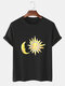 Mens Sun & Moon Print Casual Breathable Summer O-Neck T-Shirts - Black