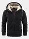 Mens Solid Color Zip Front Fleece Plush Thick Warm Hooded Jacket - Black