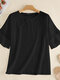 Tiered Ruffle Sleeve Solid Tie Front Crew Neck Blouse - Black