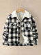 Plaid Pattern Lapel Collar Pocket Button Women Lamb Jacket - Gray