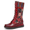 SOCOFY Retro Floral Embossing Flowers Embroidery Leather Comfy Mid Calf Wedges Heel Boots - Red
