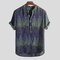 Mens Ethnic Style Printed Stand Collar Colorful Stripe Short Sleeve Loose Henley Shirts - Purple