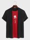 メンズ日本のローズプリントパッチワーククルーネック半袖Tシャツ - 赤