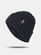 Men Acrylic Knitted Plus Velvet Solid Color Geometric Jacquard Letter Cloth Label Cuffed Brimless Beanie Hat - Navy