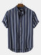 Mens Stripe Pattern Short Sleeve Button Stand Collar Shirt - Navy