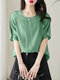Solid Crew Neck Short Sleeve Blouse For Women - Green