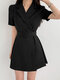 Solid Lapel Short Sleeve A-line Dress For Women - Black