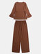 Women Ethnic Elastic Waist Patchwork Solid Color Casual Suit - Brown