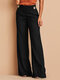 Women Solid Button Detail Casual Pants With Pocket - Black