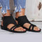 Plus Size Women Casual Roman Solid Color Hollow Buckle Flat Sandals - Black