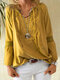 Solid Color Lace Patchwork Drawstring V-neck Blouse - Yellow
