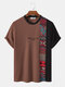 Mens Letter Ethnic Asymmetric Print Short Sleeve O Neck T-Shirts - Brown